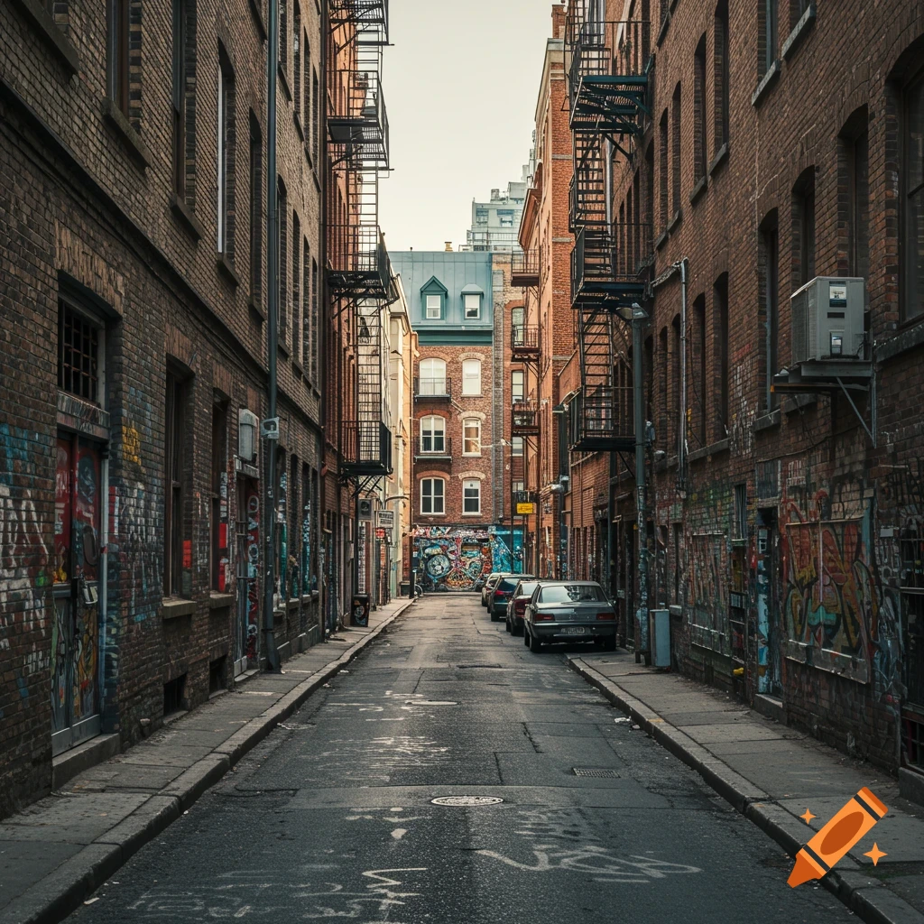 A narrow urban laneway lined with brick buildings covered in graffiti, with cars parked along one side.