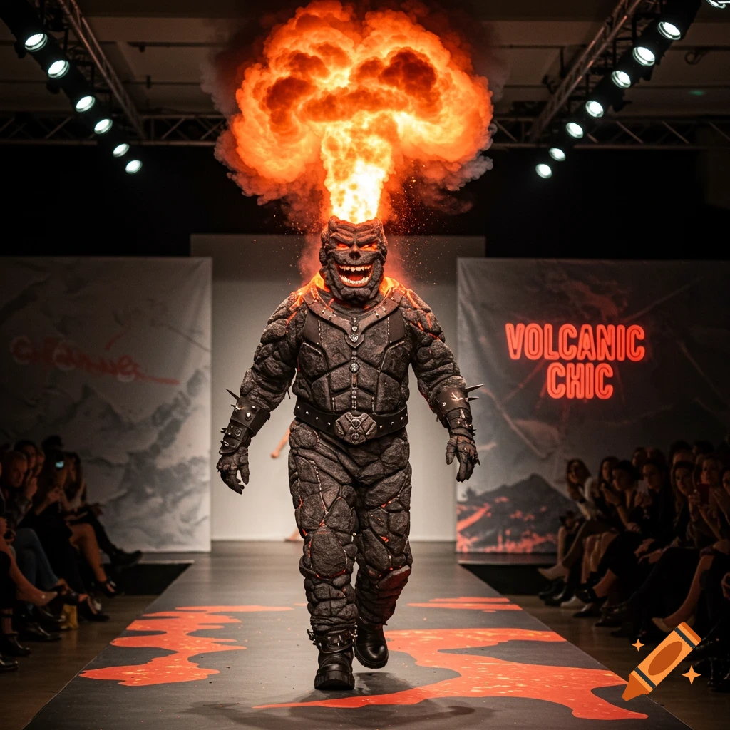 Monster character with fiery head walks a fashion runway under a sign reading 'Volcanic Chic'.