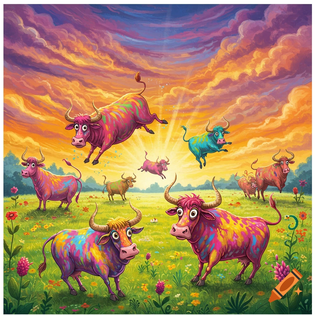 Colorful cartoony bulls in a field under a vibrant sunset sky