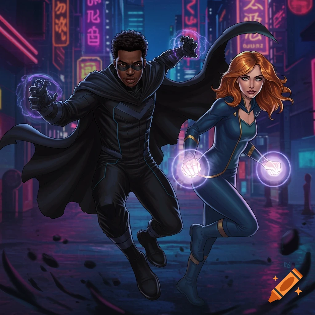 Two superheroes, a man and a woman with glowing powers, leap forward in a neon-lit urban street, digital art style.