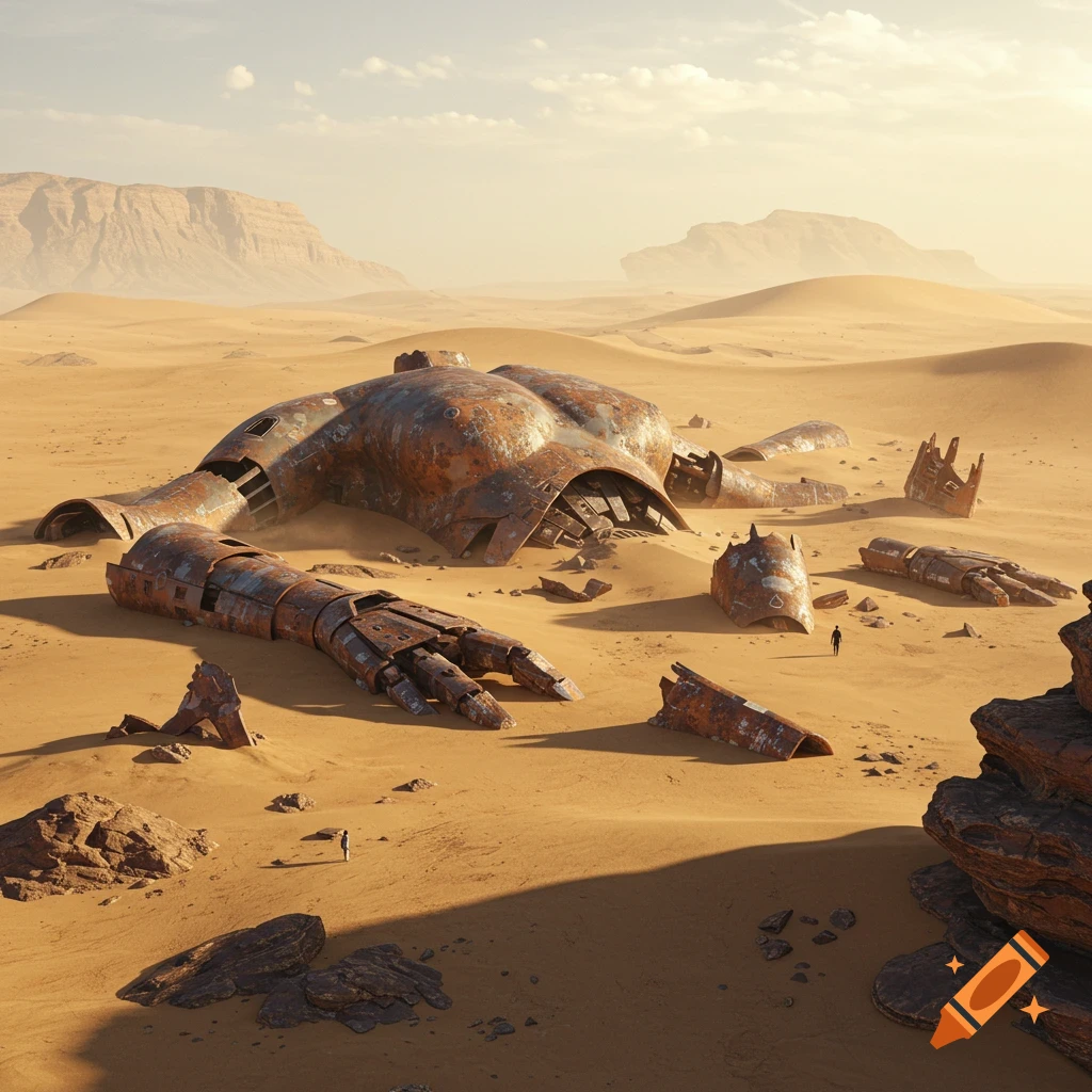 Rusted remains of a giant robot lie scattered across a desolate desert landscape.
