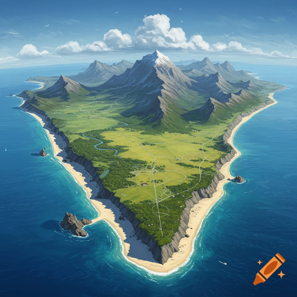 Aerial view of an island with beaches, fields, forest, and mountains.