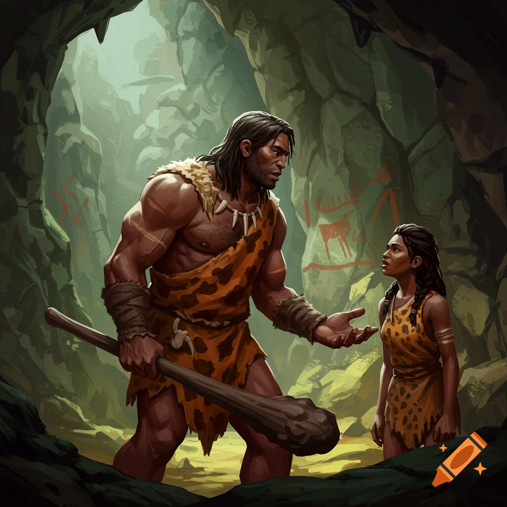 Caveman and cavewoman talk in a cave with wall paintings.
