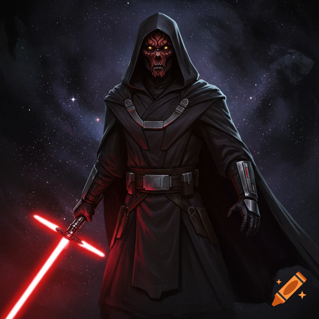 A hooded figure with a red face and glowing eyes holds a red crossguard lightsaber in space.