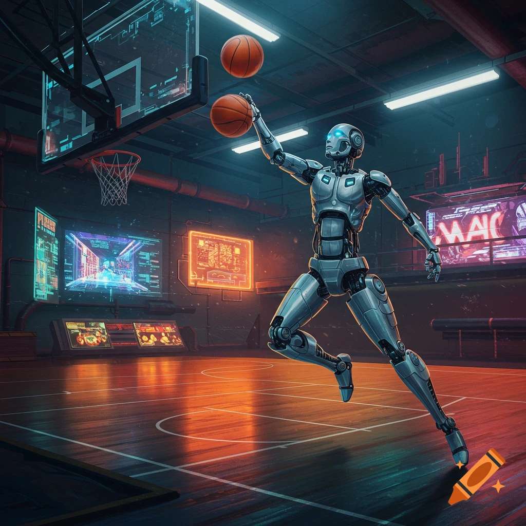 A futuristic robot playing basketball in a gym.