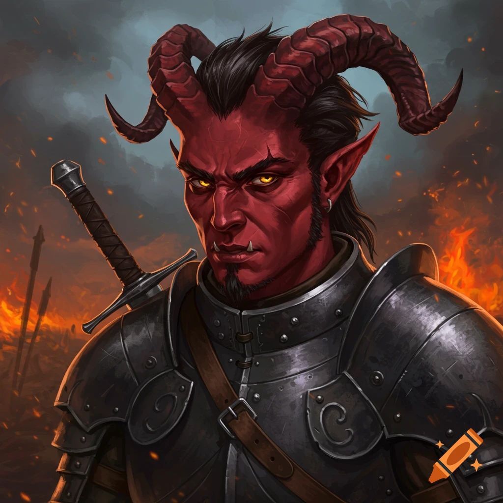 Portrait of a red-skinned Tiefling soldier with horns, armor, and sword against a fiery battlefield background.