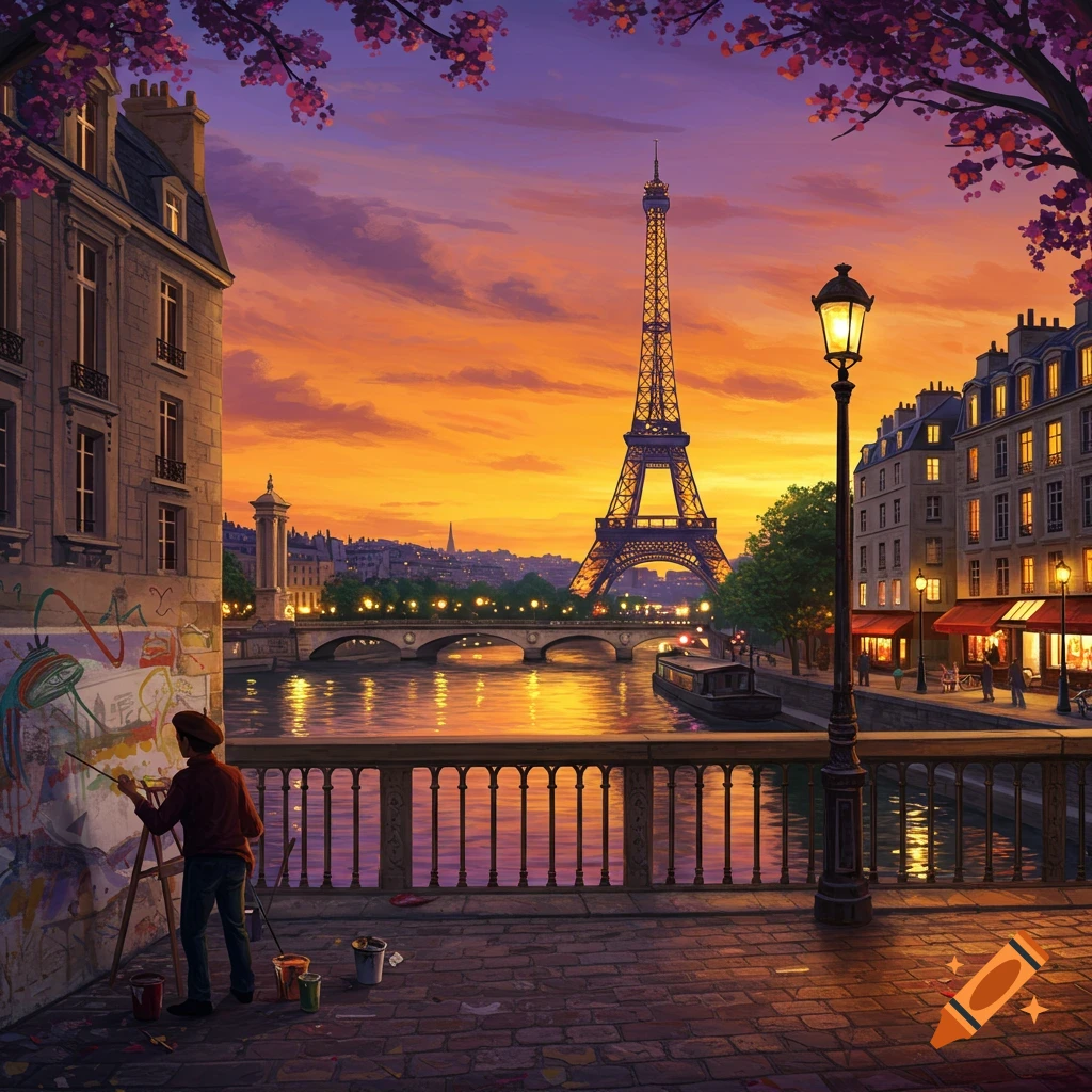 A street artist painting by the Seine river in Paris at sunset, with the Eiffel Tower in the background.