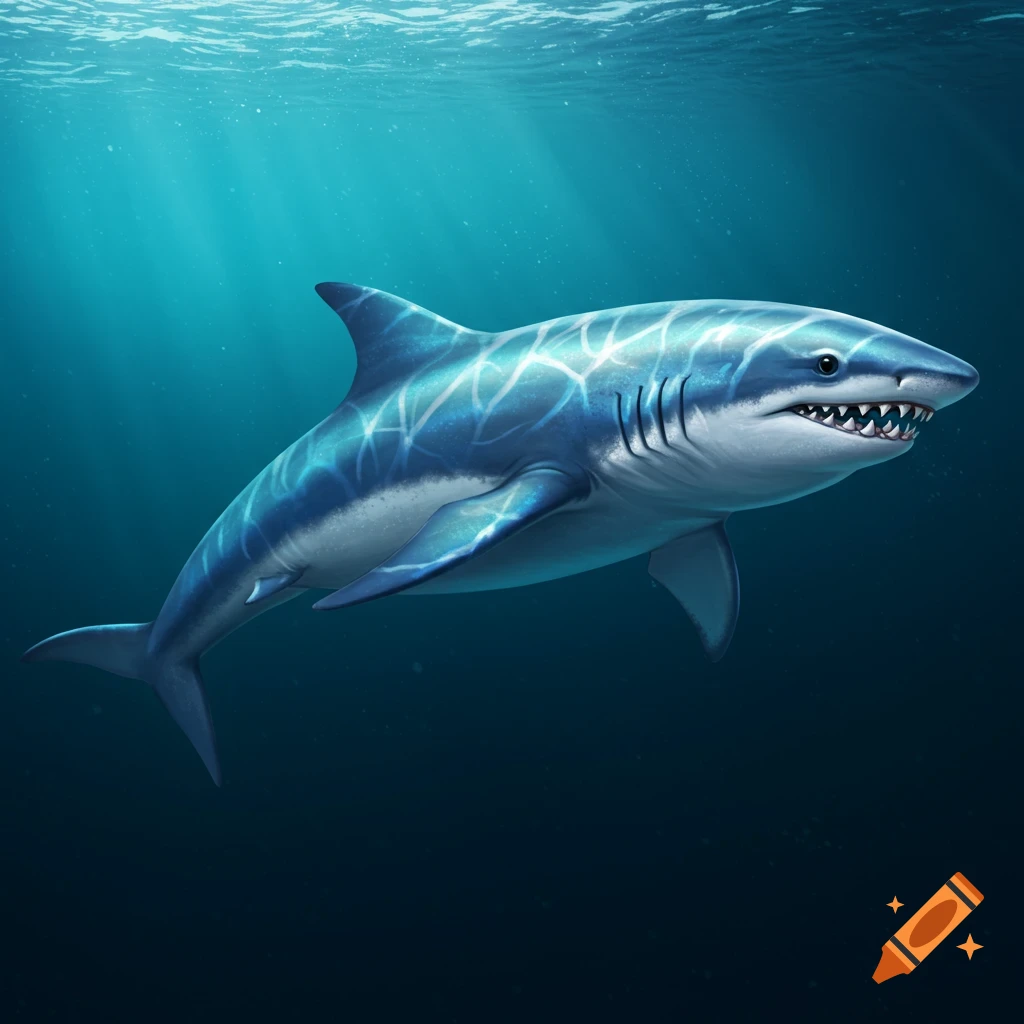 A shark swims through the ocean as light rays filter down.