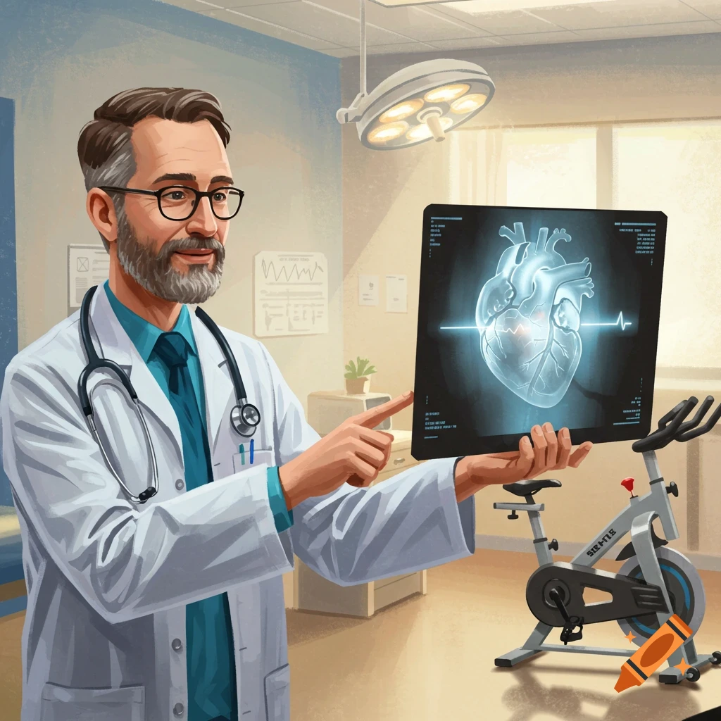 A doctor pointing at a screen showing a heart X-ray, with a spin bike in the foreground.