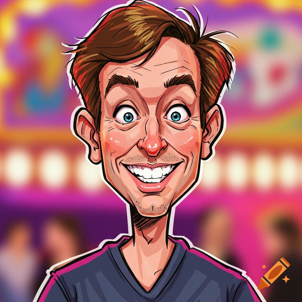 Caricature drawing of a smiling man with wide eyes against a colorful background.