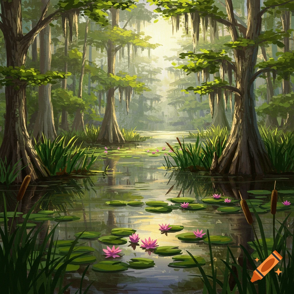 A swamp with cypress trees, lily pads, and cattails.