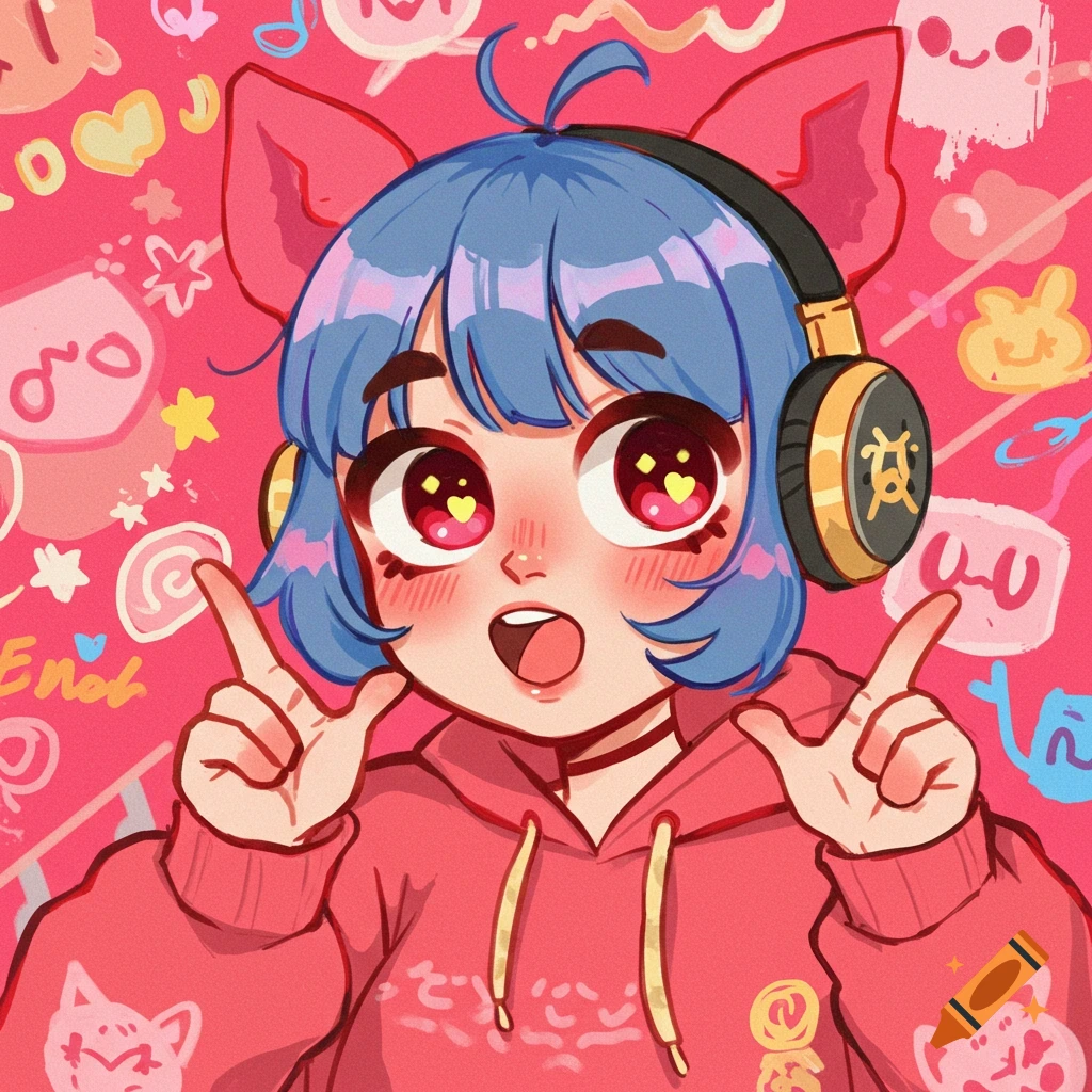 Cute anime character with blue hair, headphones, and cat ears on a pink background with doodles