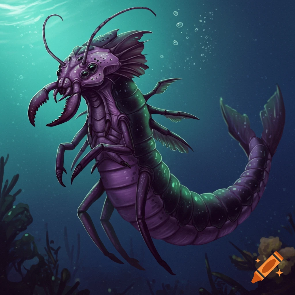 A purple and green crustacean-like creature with pinchers swims underwater.