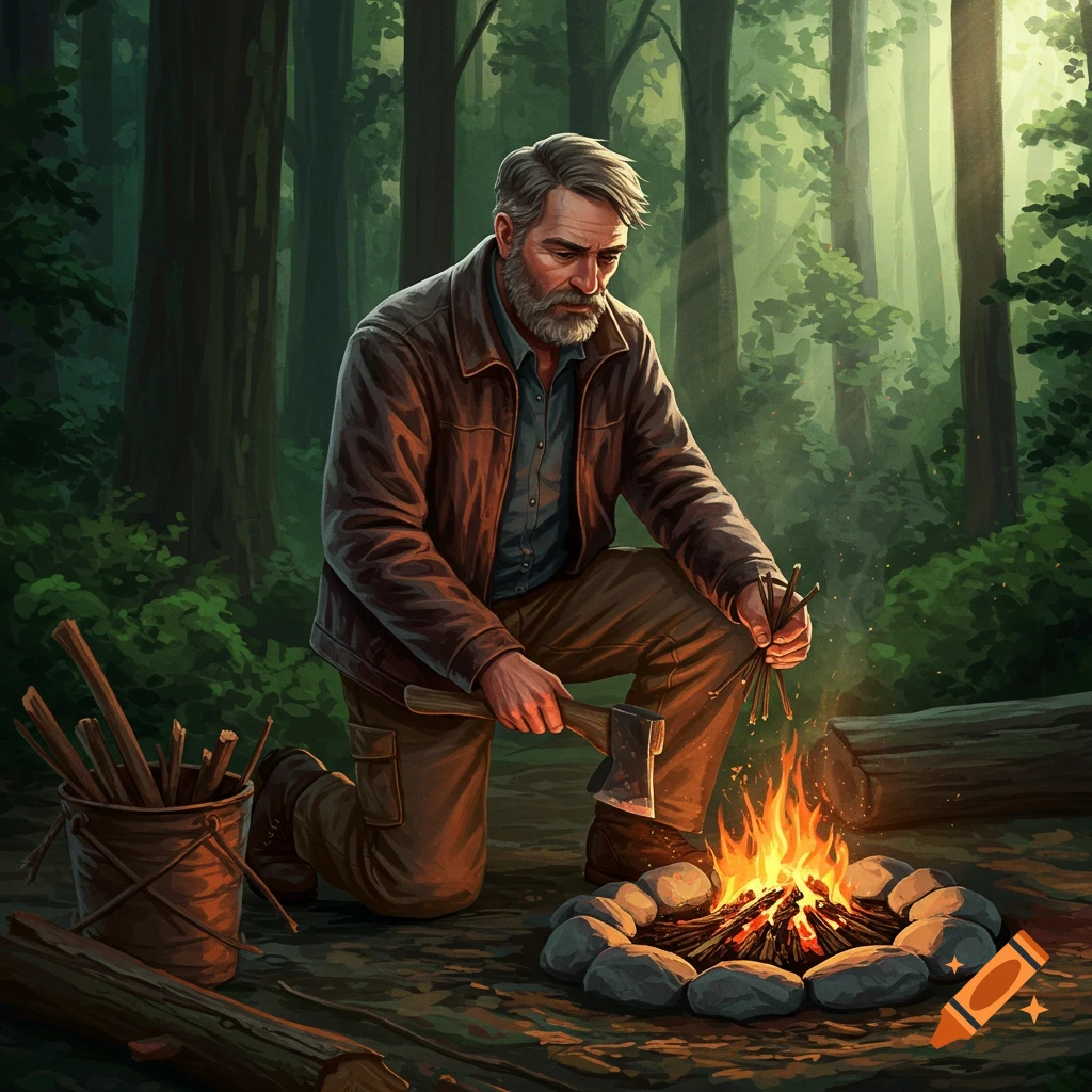 A man kneels by a campfire in a forest.