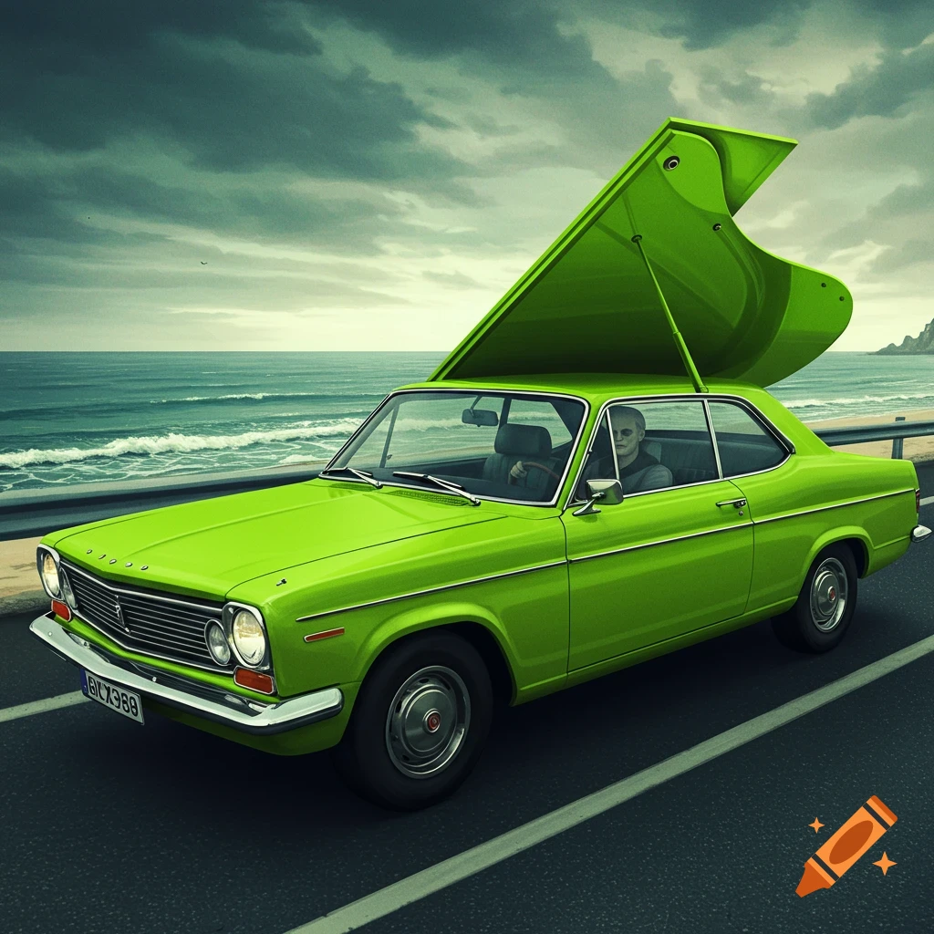 A lime green car with a green piano on top drives along a coastal road under a cloudy sky.