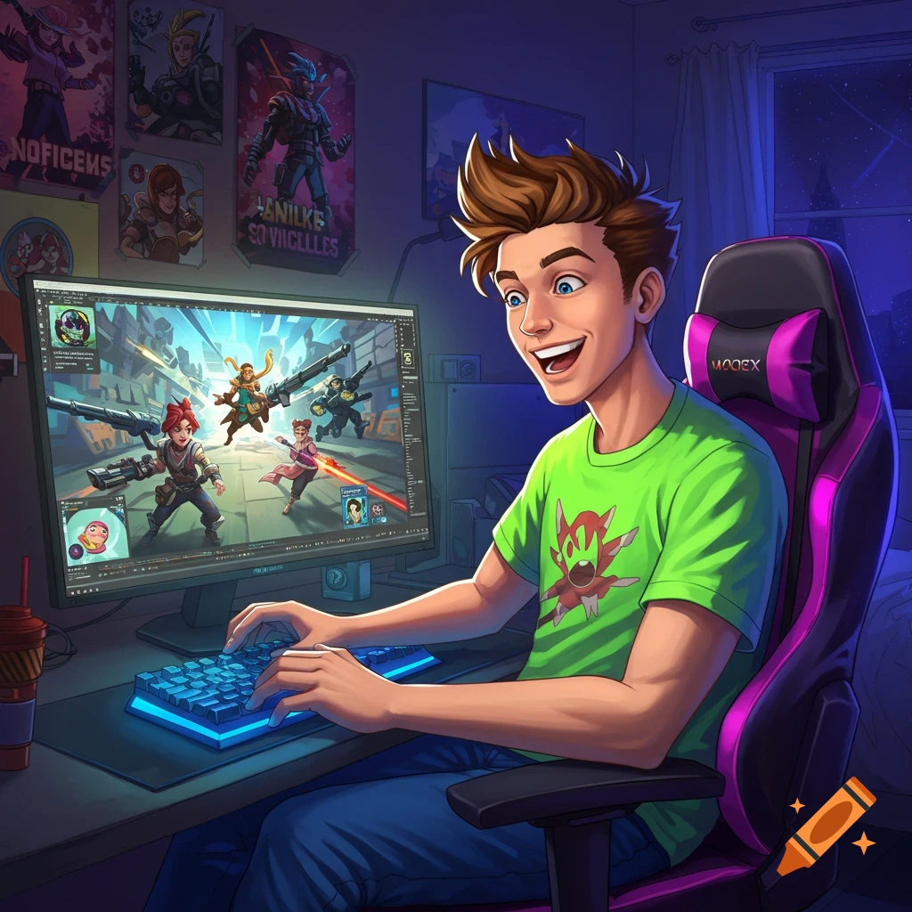 A young man smiling while playing video games on a computer in a dark room.