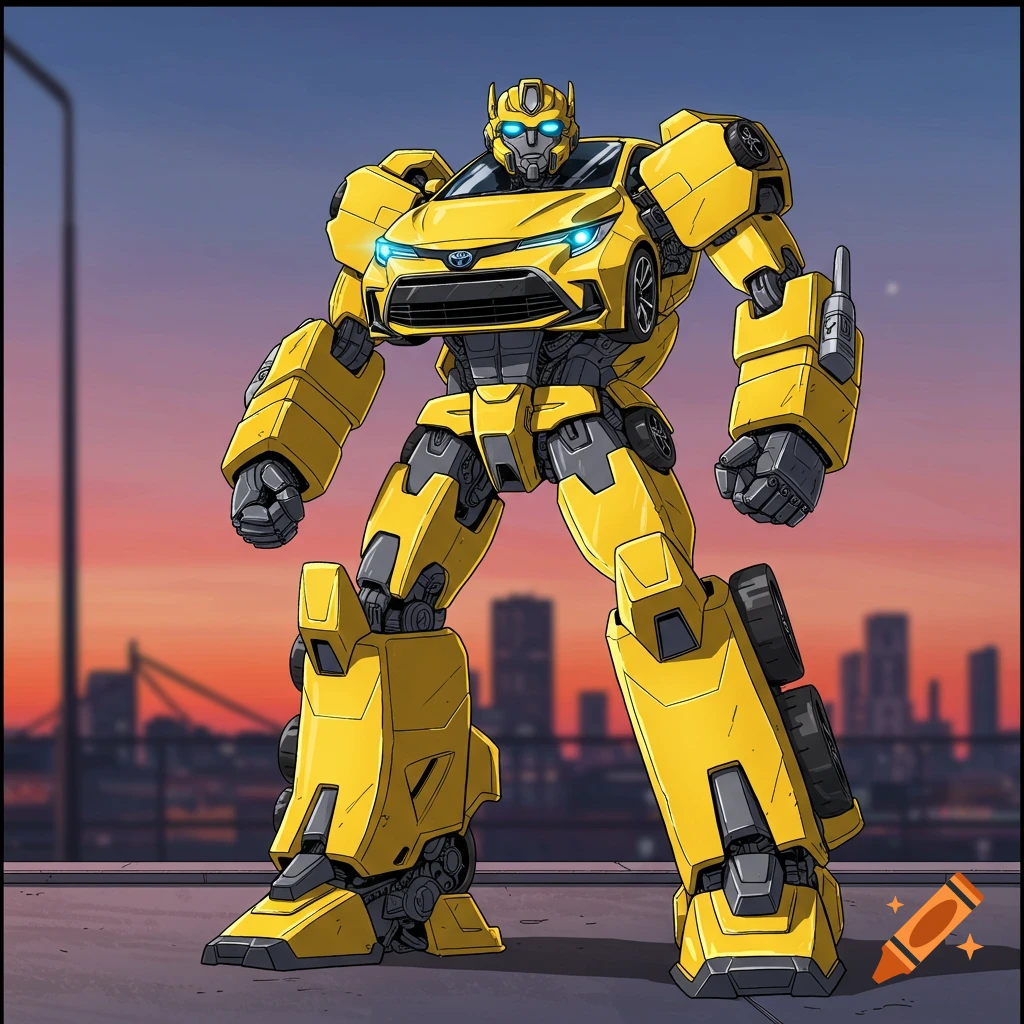 Yellow car robot standing in a city at sunset, digital art.