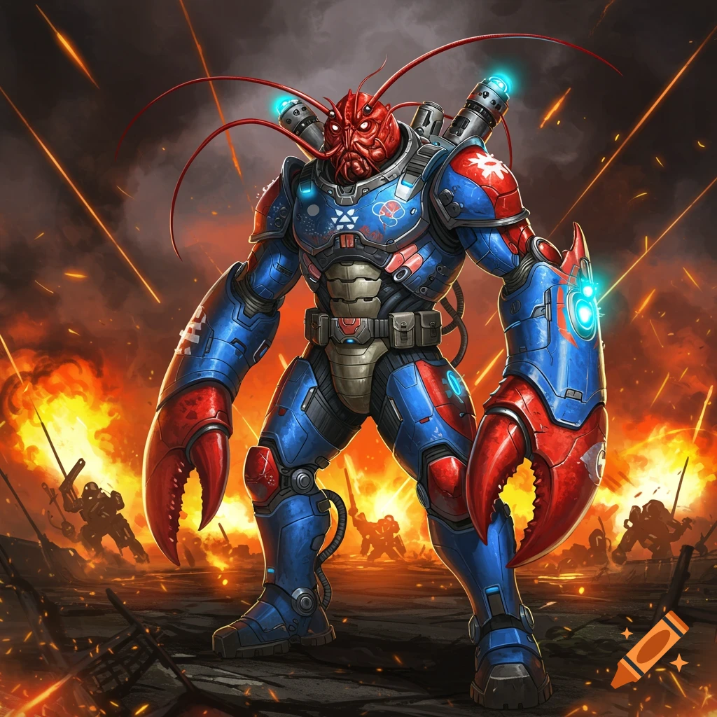 A lobster man soldier in blue and red armor stands in a battle scene.