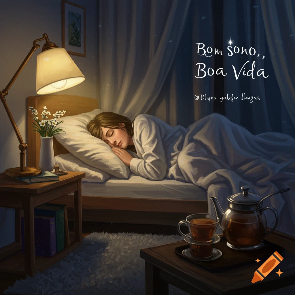 Painterly illustration of a person sleeping in a cozy bedroom with a lamp and tea nearby.