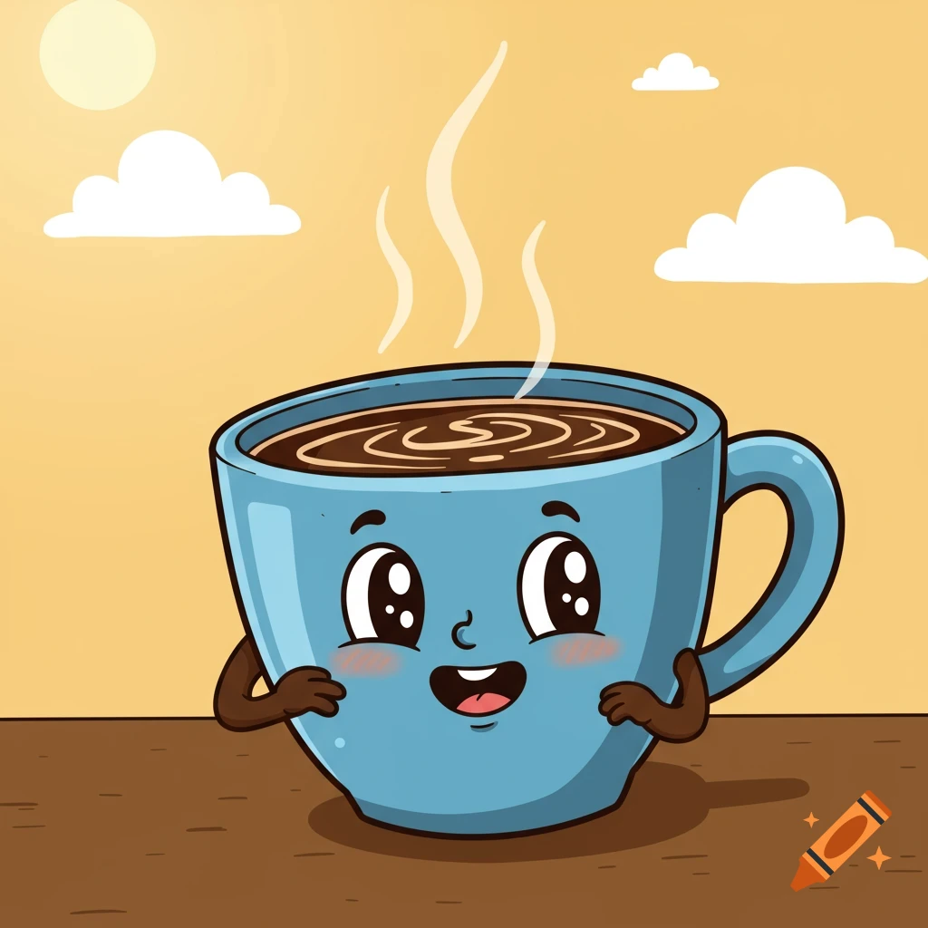 A cute cartoon coffee cup with a face, arms, and steam rising.