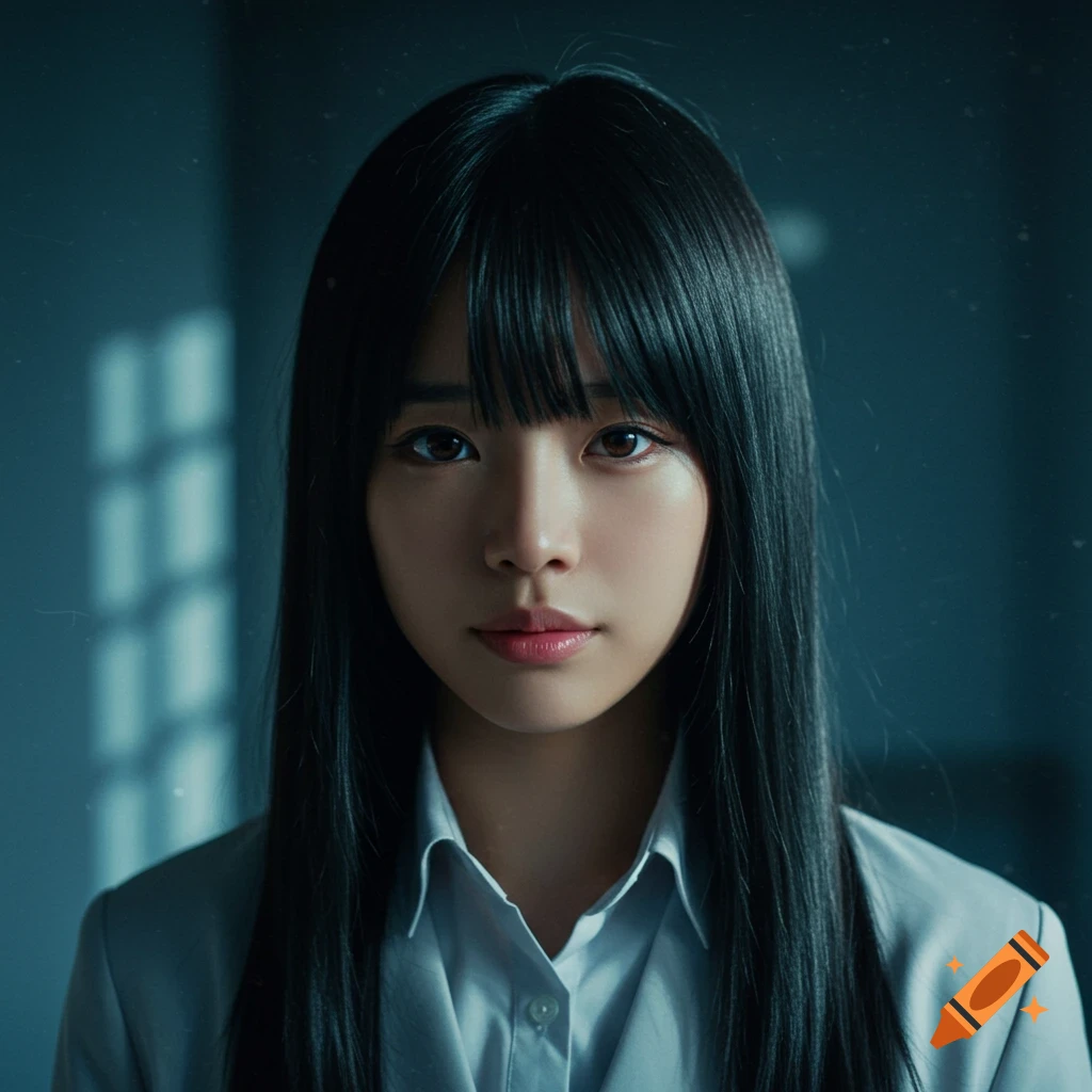 Photorealistic portrait of a young woman with dark hair and bangs wearing a shirt and jacket