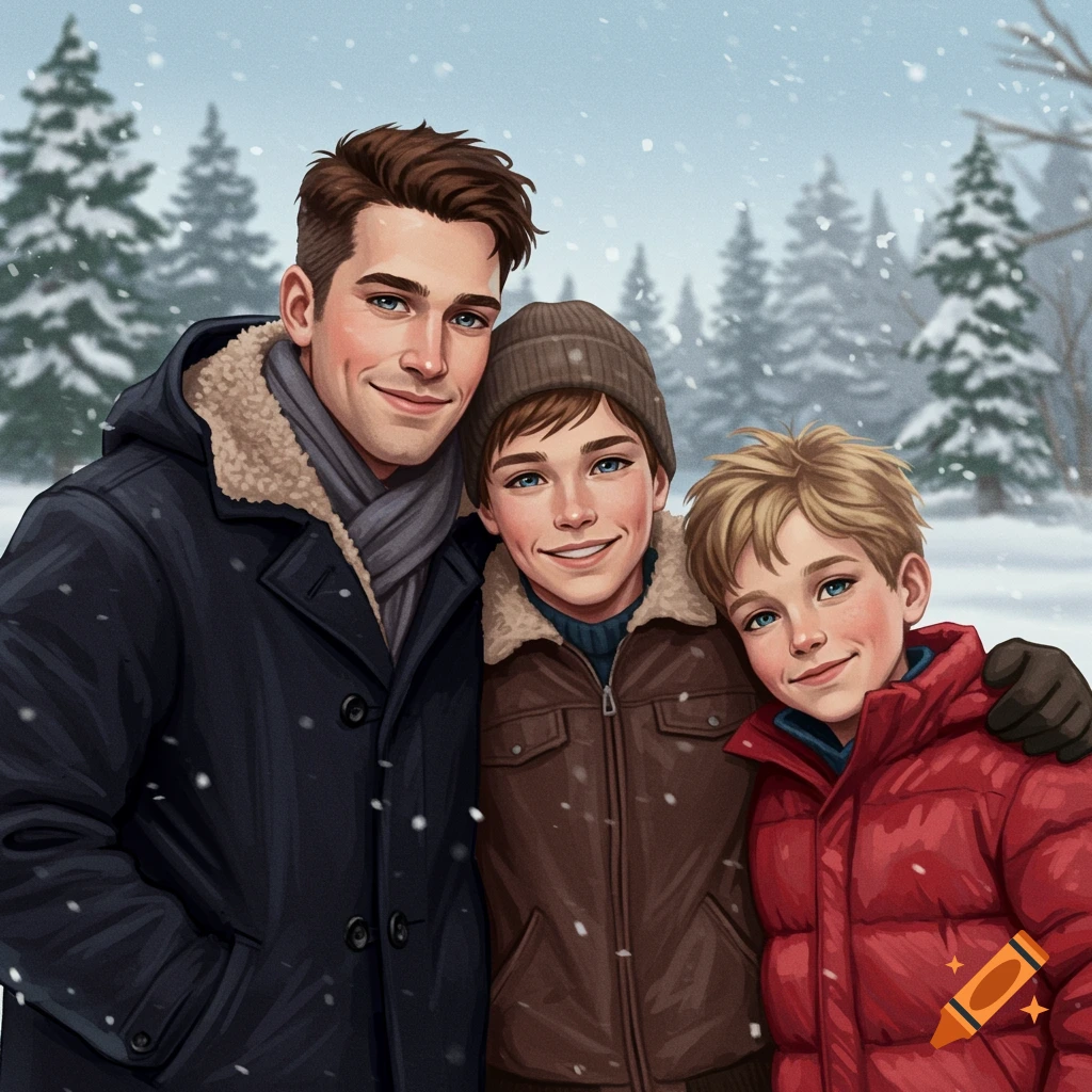 A family portrait of three brothers in a snowy winter scene.