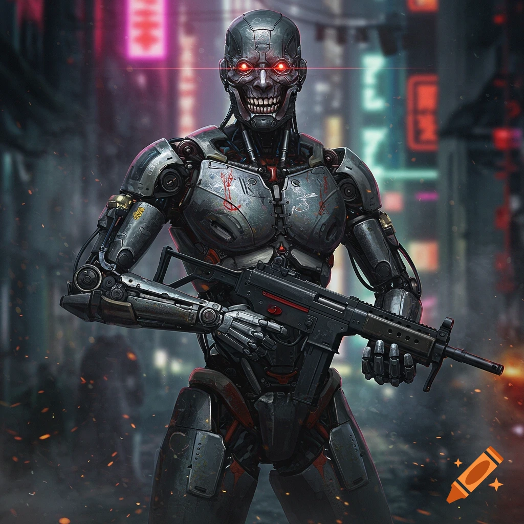 An evil-looking robot holding a submachine gun on a rainy cyberpunk street.