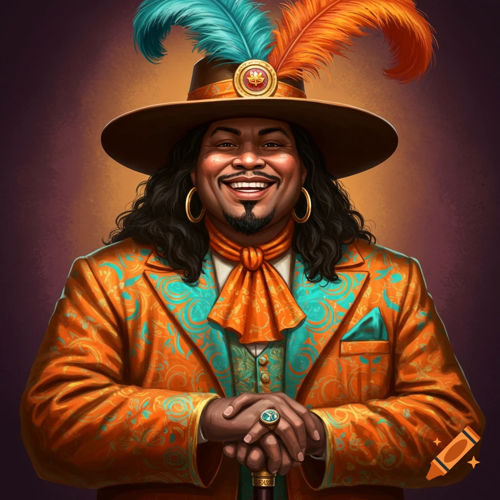 A smiling man in an ornate orange and turquoise suit and a wide-brimmed hat with feathers, holding a cane.