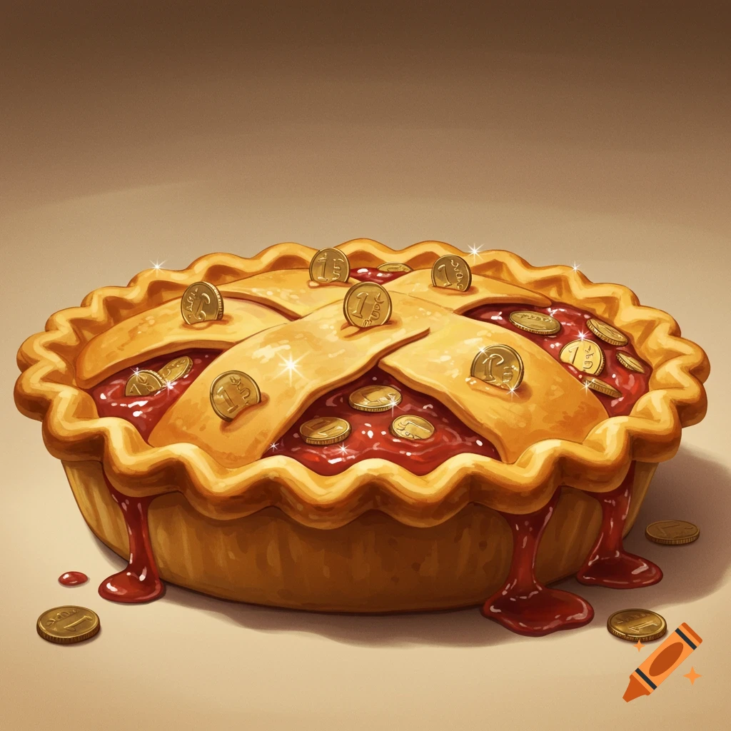 A pie filled with red filling and topped with a lattice crust and gold coins.