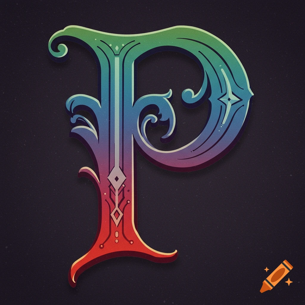 Stylized letter P with a rainbow gradient and decorative filigree on a dark background.