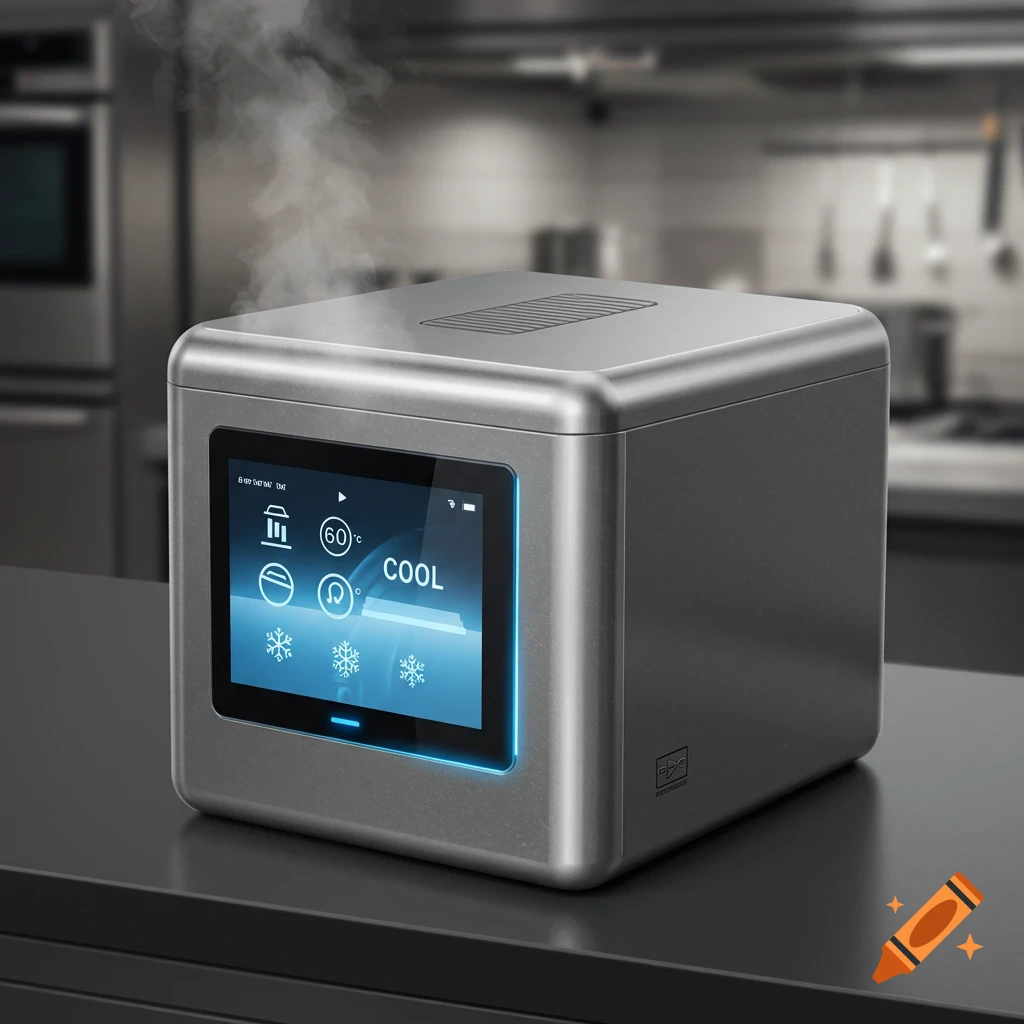 A metallic cube device with a digital screen displaying 'COOL', emitting steam, on a black counter in a kitchen.