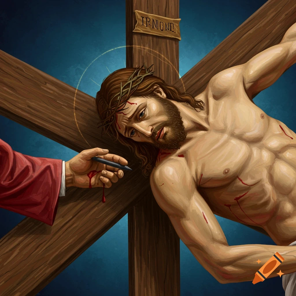 A hand holds a tool applying nails as Jesus is nailed to the cross.