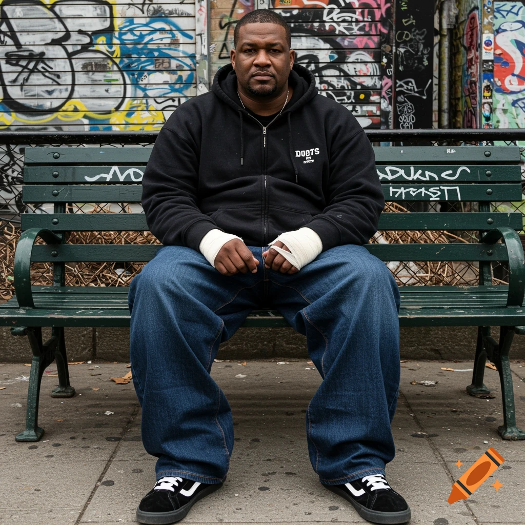 A man with bandaged hands sits on a park bench in front of a graffiti wall. Photorealistic style.