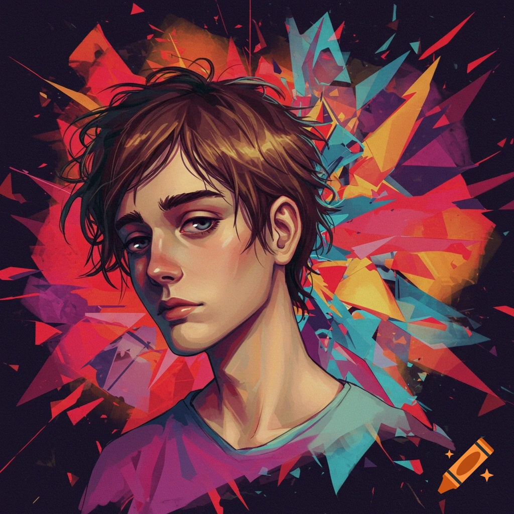A stylized image of a young person against a backdrop of colorful geometric shapes.