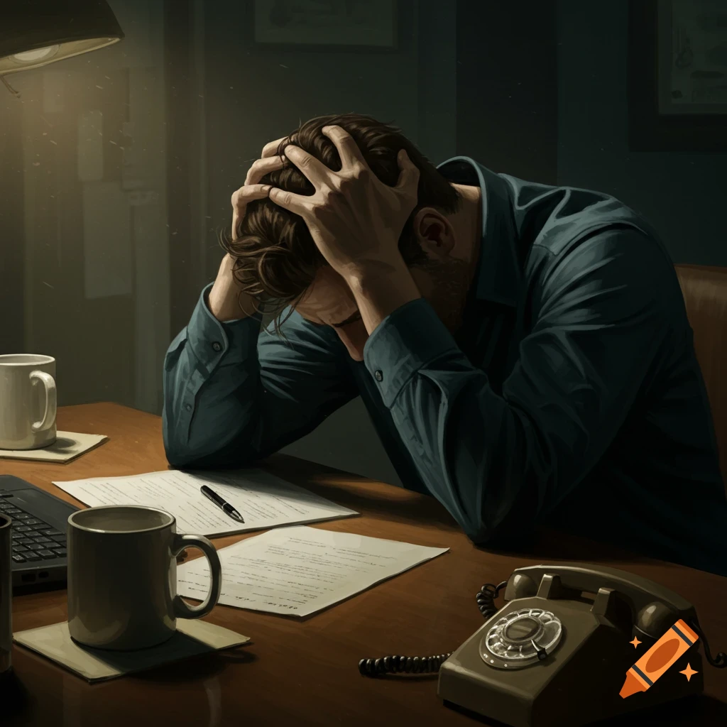 A man is holding his head in his hands while sitting at a desk.