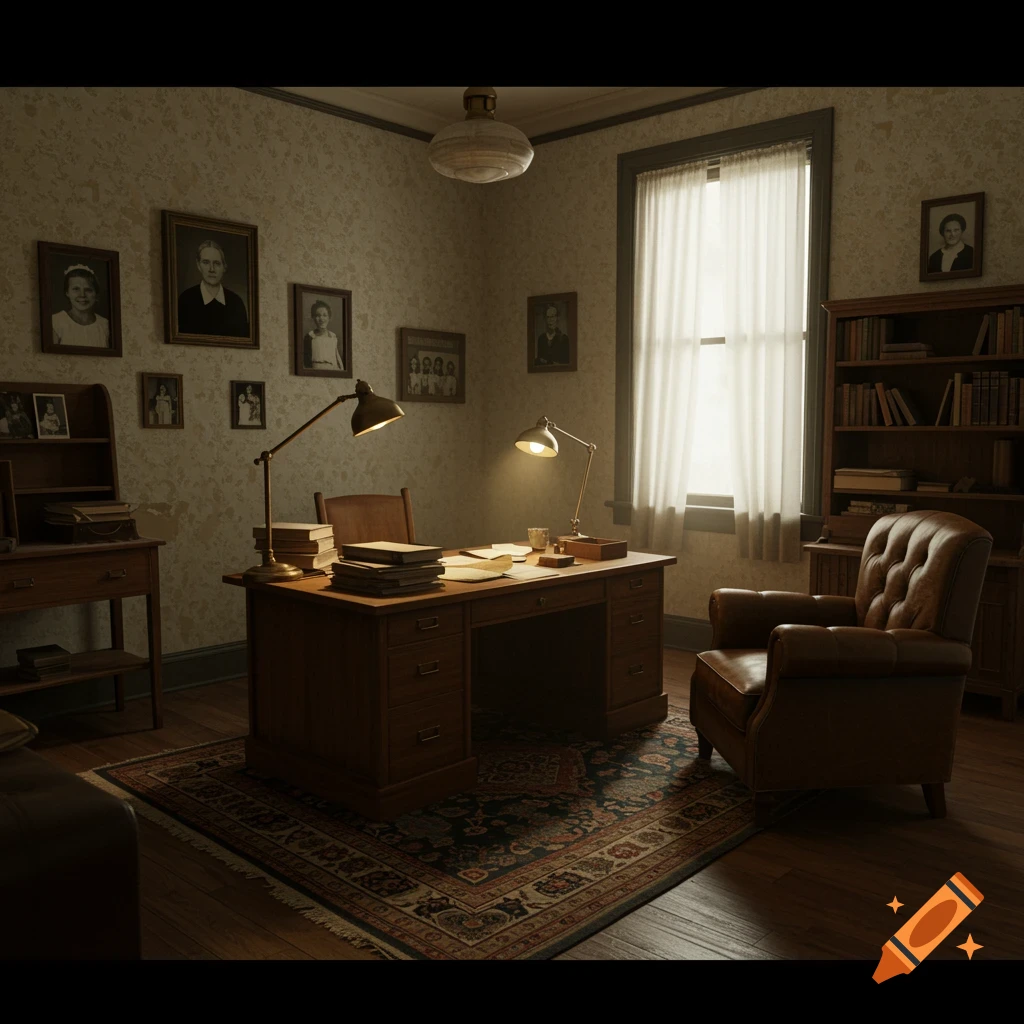 Vintage office with desk, leather armchair, bookshelf, and framed photos.