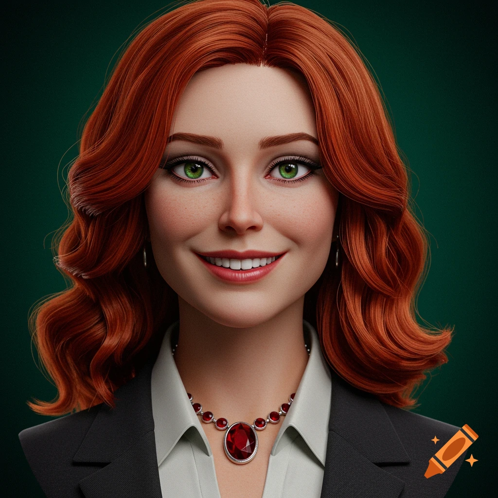 Portrait of a woman with red hair, green eyes, suit, and necklace, smiling.