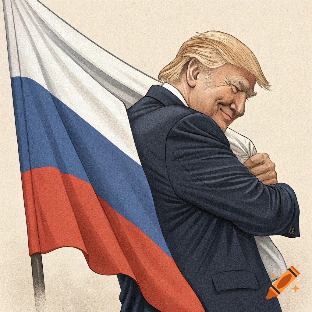 Illustration of Donald Trump hugging a Russian flag.