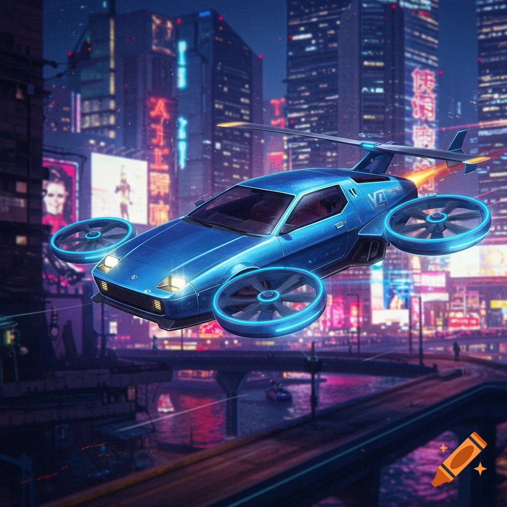 A blue flying car hovers above a cyberpunk city street at night.