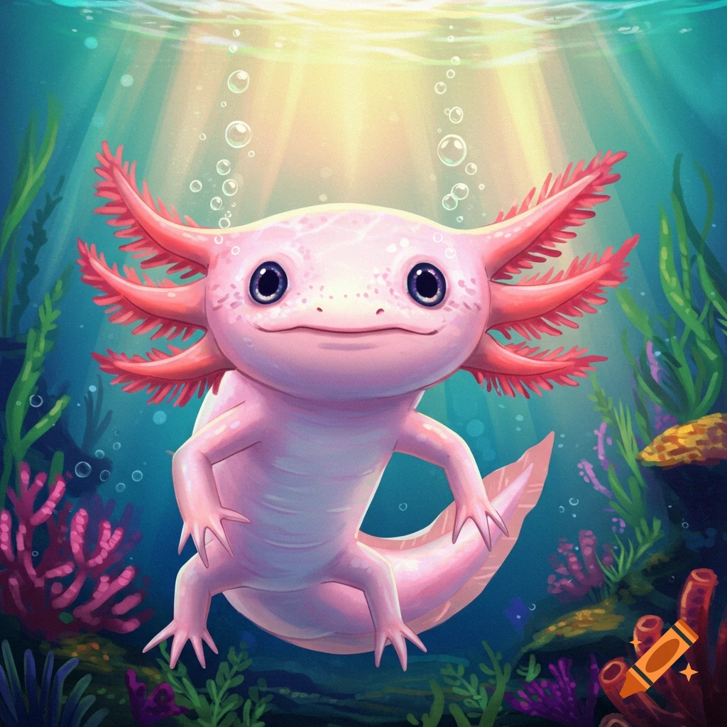 A pink axolotl smiling underwater with light rays and bubbles.