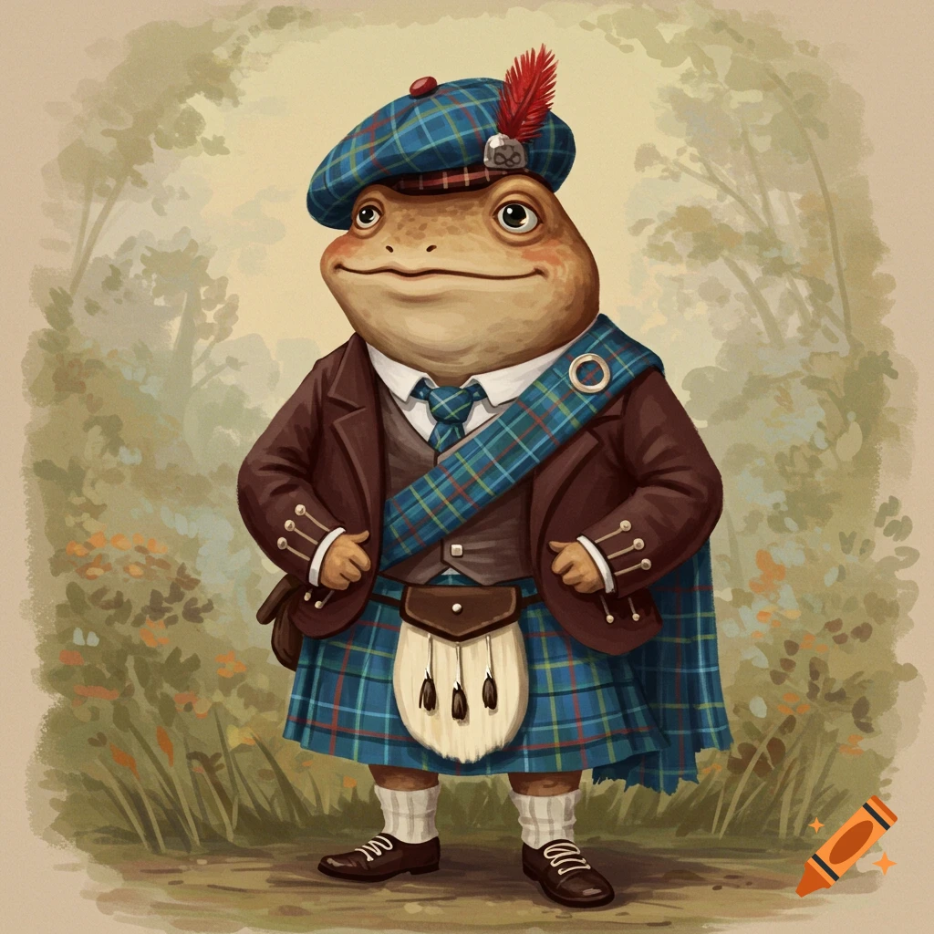A toad wearing a kilt, sporran, jacket, and tartan hat.