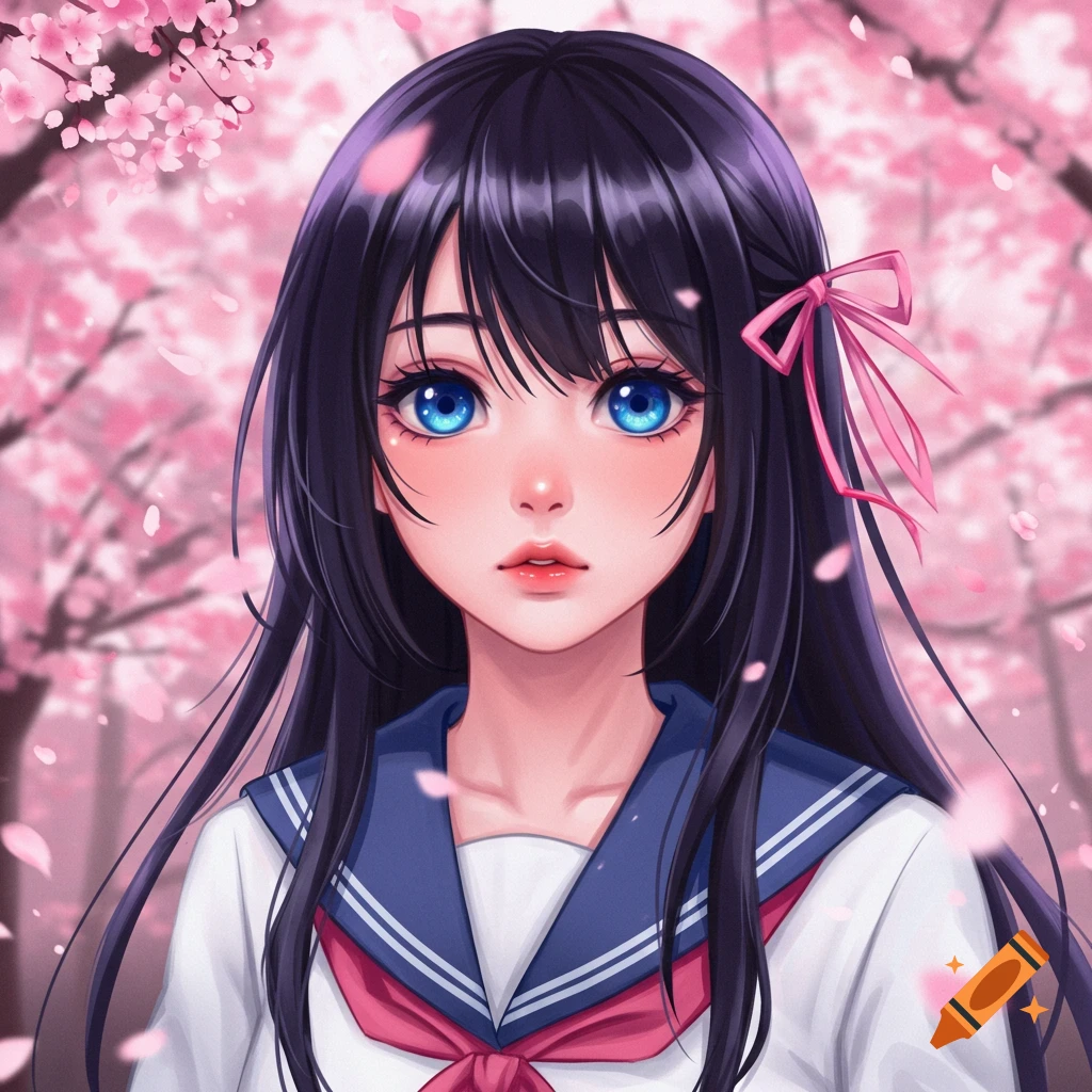 Anime style portrait of a young woman with blue eyes in a school uniform standing among cherry blossoms.