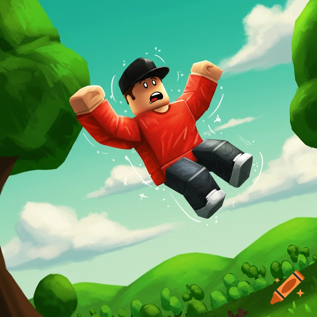 A Roblox character being launched into the sky over green hills.