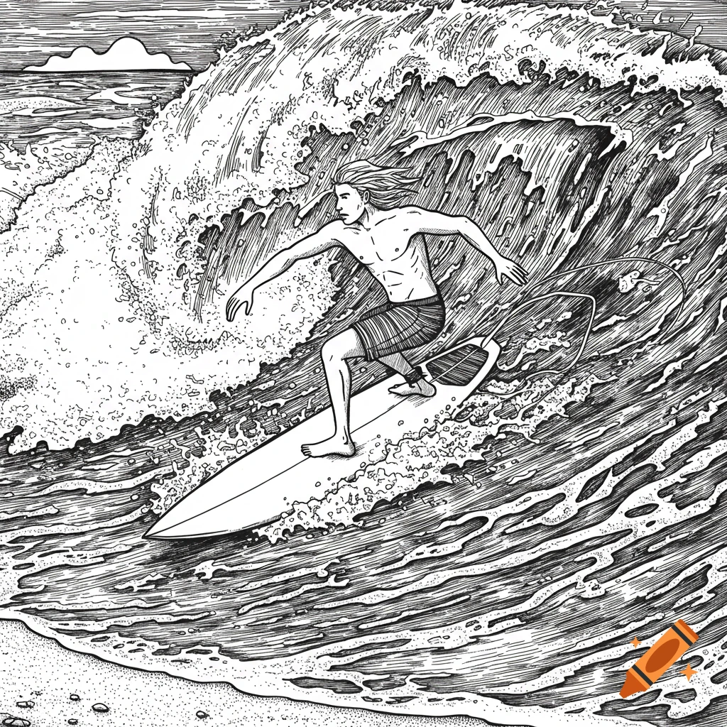 Black and white line drawing of a surfer riding a large wave near the beach.