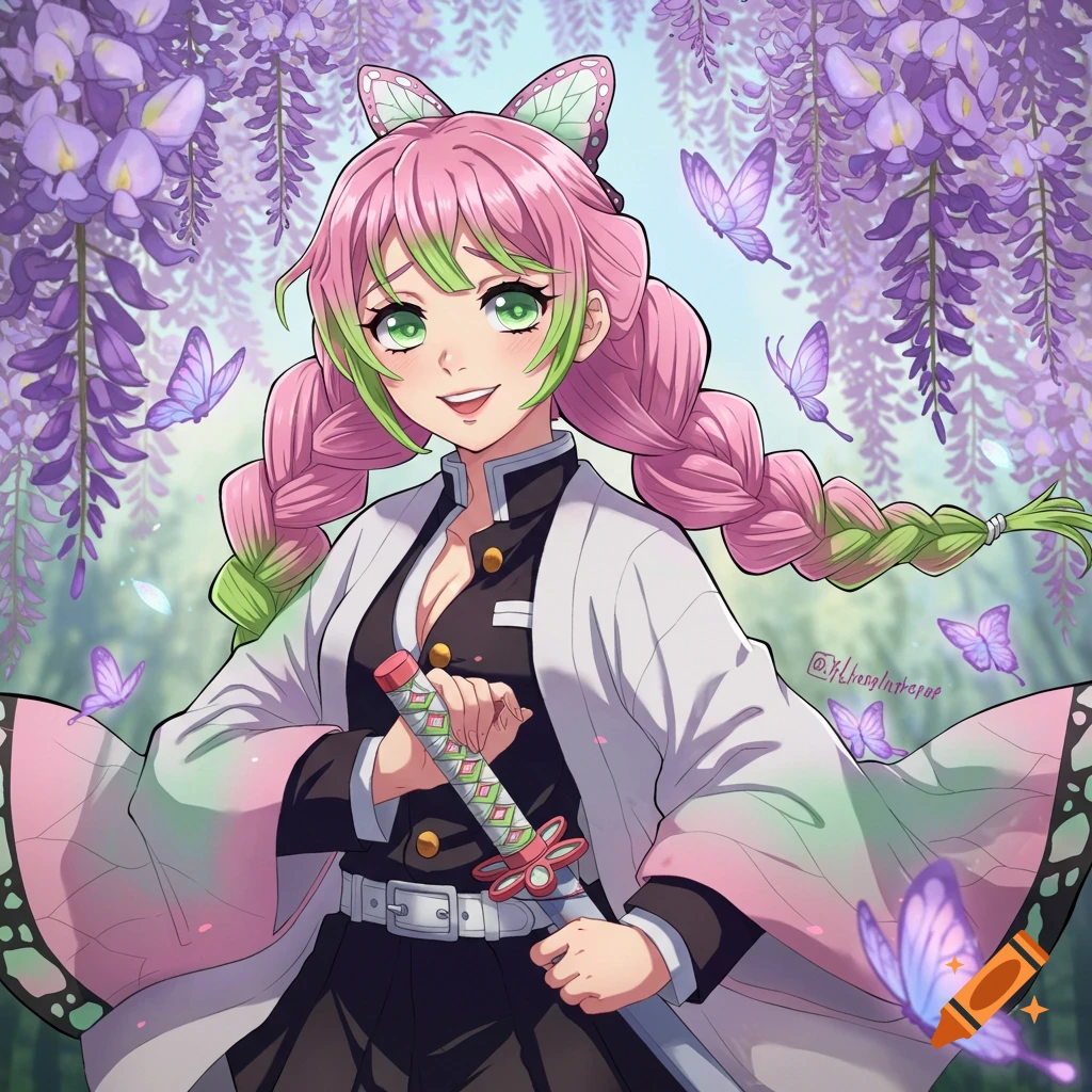 Anime character Mitsuri Kanroji in Demon Slayer uniform, surrounded by purple wisteria flowers and butterflies.