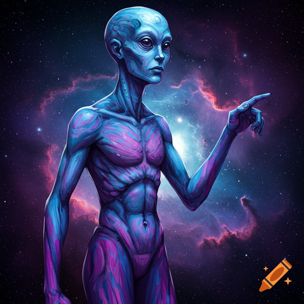 A blue and purple alien figure stands and points towards the right in a starry space with nebulae.