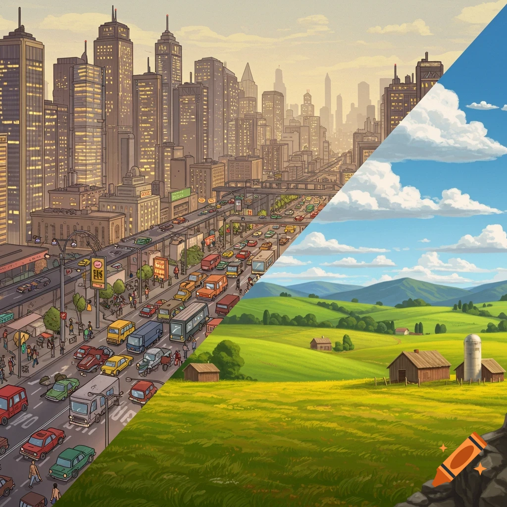 A split screen showing a bustling city on the left and a green rural landscape on the right, illustrating population density.