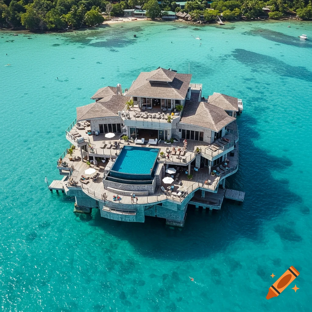 Aerial view of a luxurious resort complex built on stilts over turquoise water near a tropical island.
