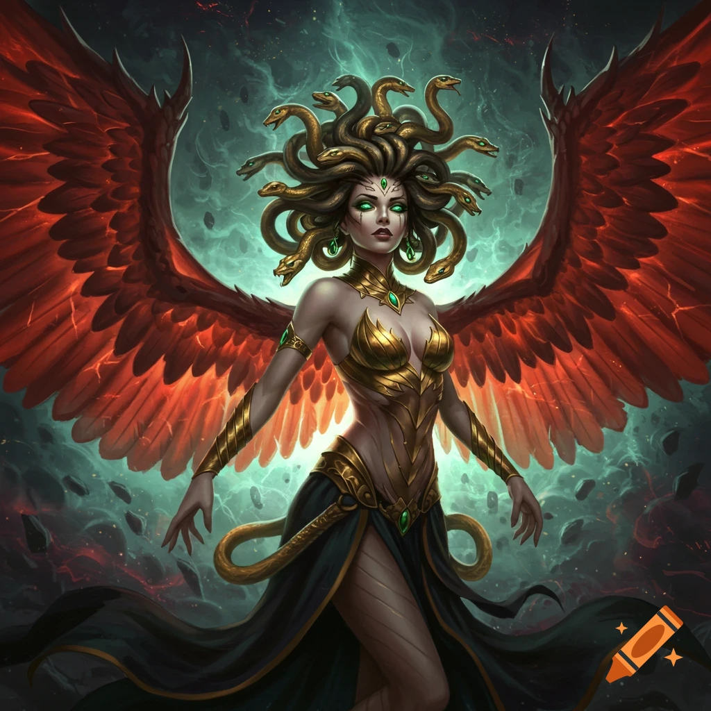 A mythical woman with snake hair and large red dragon wings