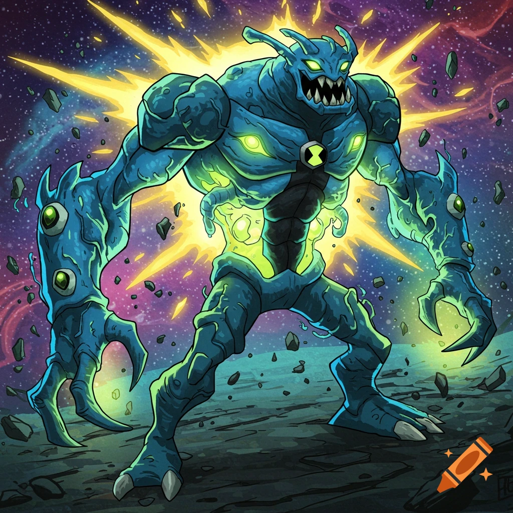 Blue monster character from Ben 10 in a dynamic pose against a starry background with yellow energy and rocks.
